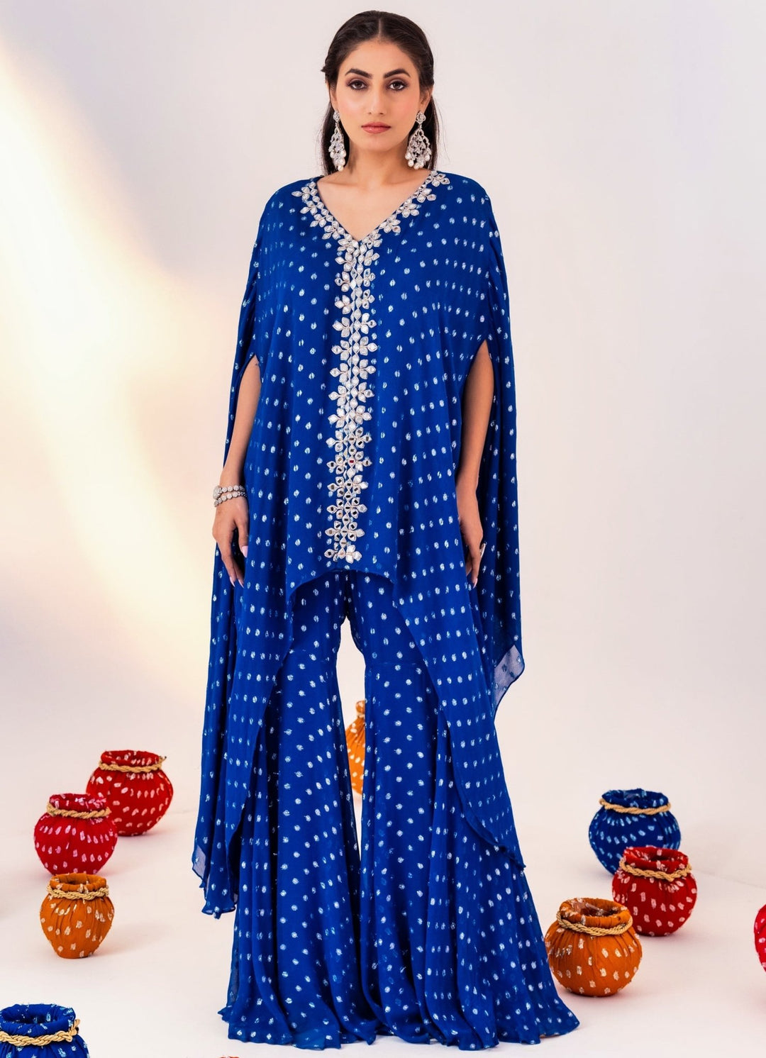 Royal Blue Printed Georgette Kaftan Set With Gharara Silky Bindra - Fabilicious Fashion