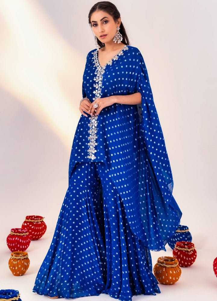 Royal Blue Printed Georgette Kaftan Set With Gharara Silky Bindra - Fabilicious Fashion