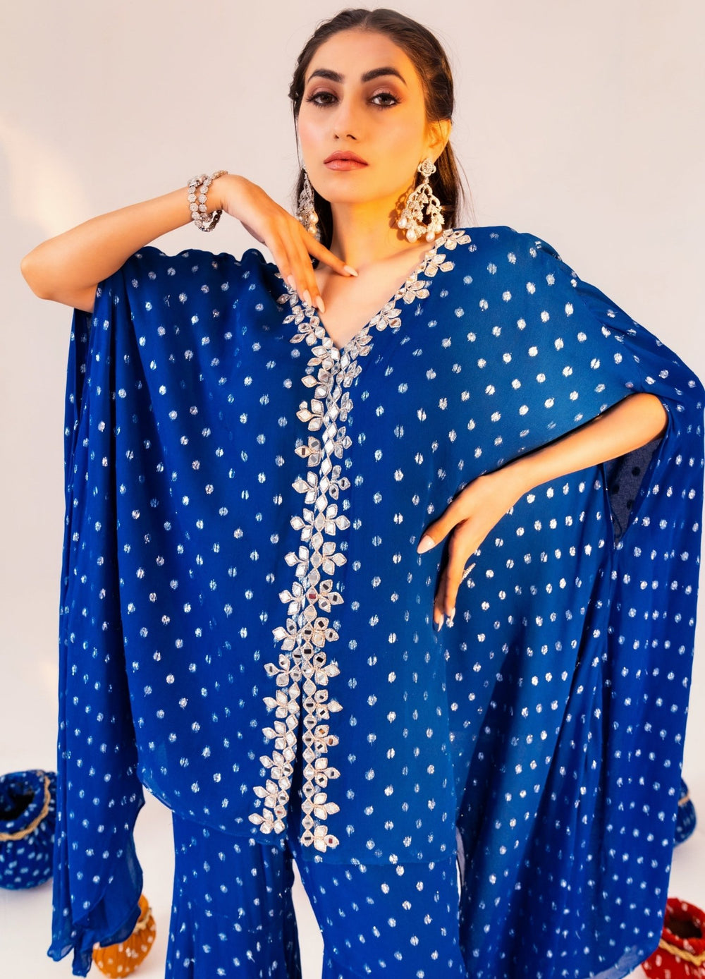 Royal Blue Printed Georgette Kaftan Set With Gharara Silky Bindra - Fabilicious Fashion