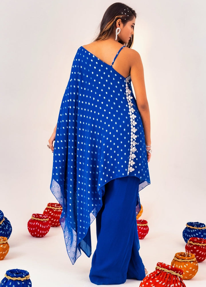 Royal Blue Printed Georgette One-Shoulder Kurta With Pant Silky Bindra - Fabilicious Fashion