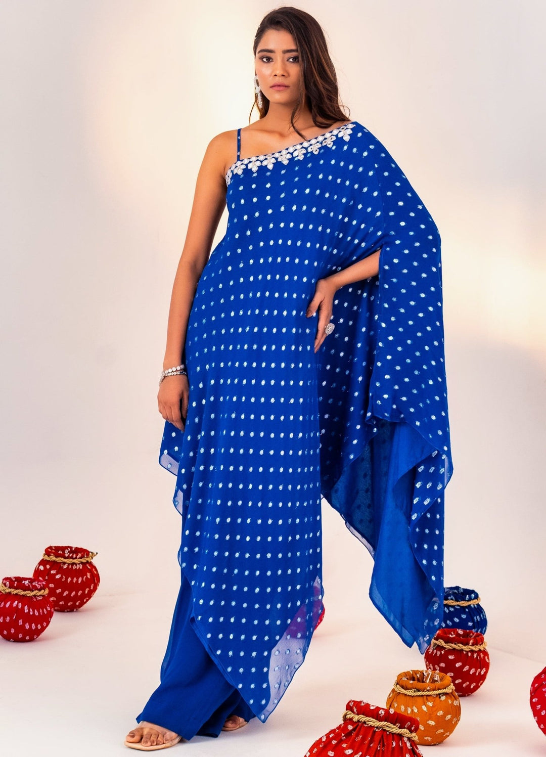 Royal Blue Printed Georgette One-Shoulder Kurta With Pant Silky Bindra - Fabilicious Fashion