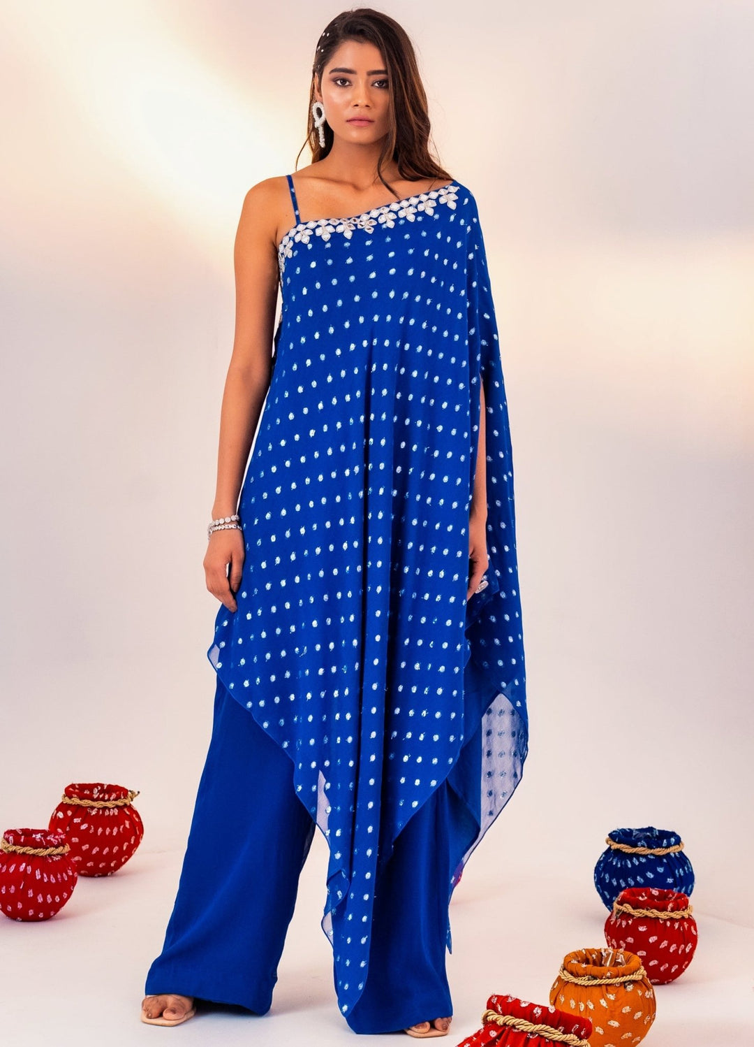 Royal Blue Printed Georgette One-Shoulder Kurta With Pant Silky Bindra - Fabilicious Fashion
