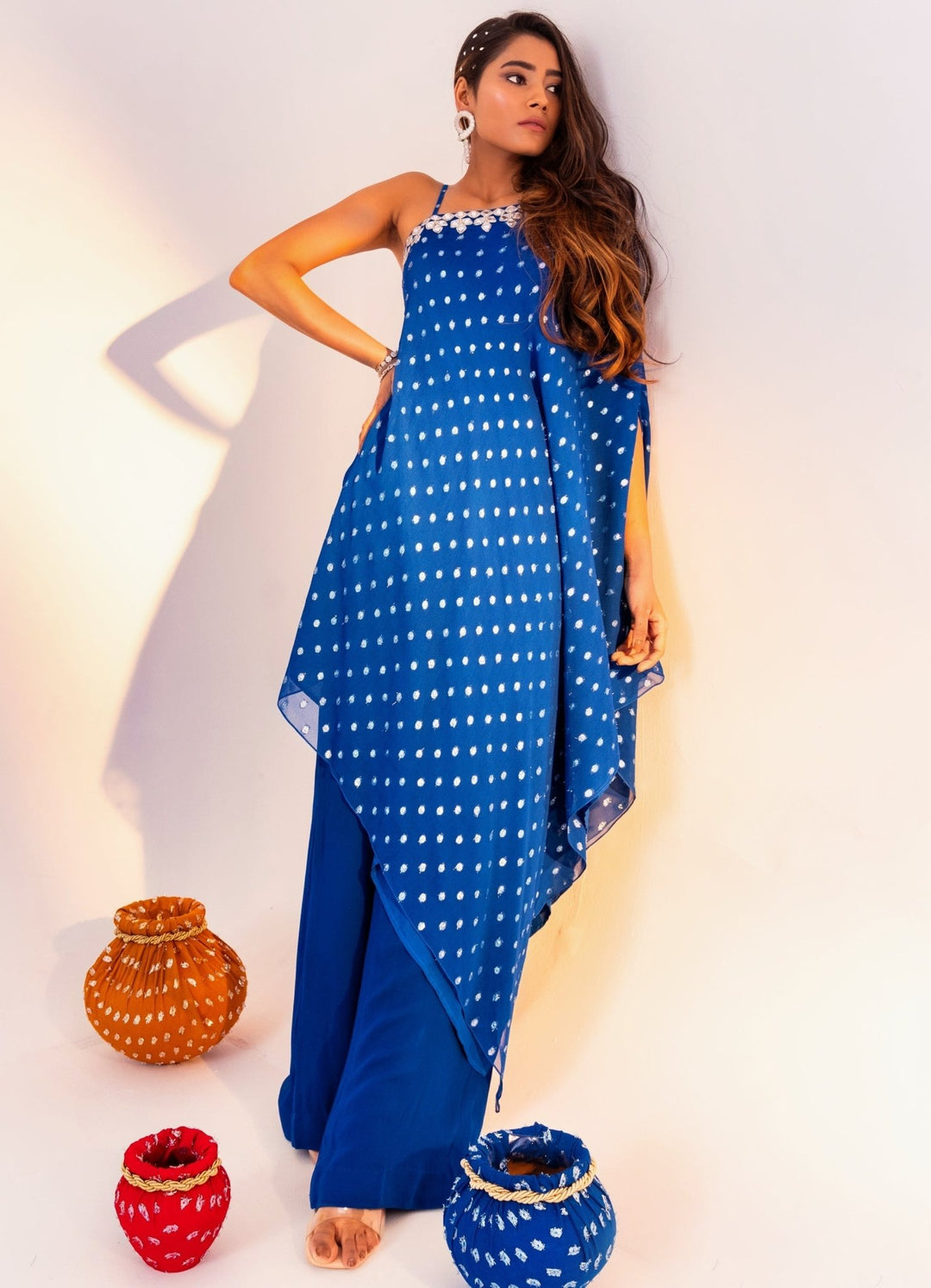 Royal Blue Printed Georgette One-Shoulder Kurta With Pant Silky Bindra - Fabilicious Fashion