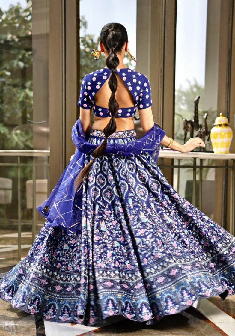 Royal Blue Printed Velvet Lehenga Set Rashika Sharma - Fabilicious Fashion