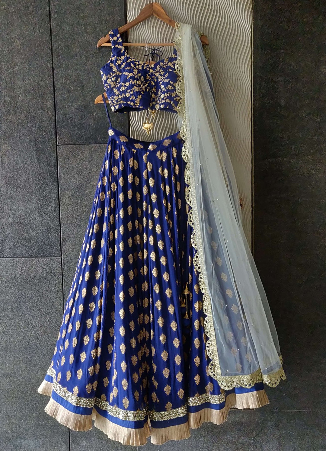 Royal Blue Ruffle Shimmer Lehenga Set with Blue Sequins Blouse and Off White Dupatta Priti Sahni - Fabilicious Fashion