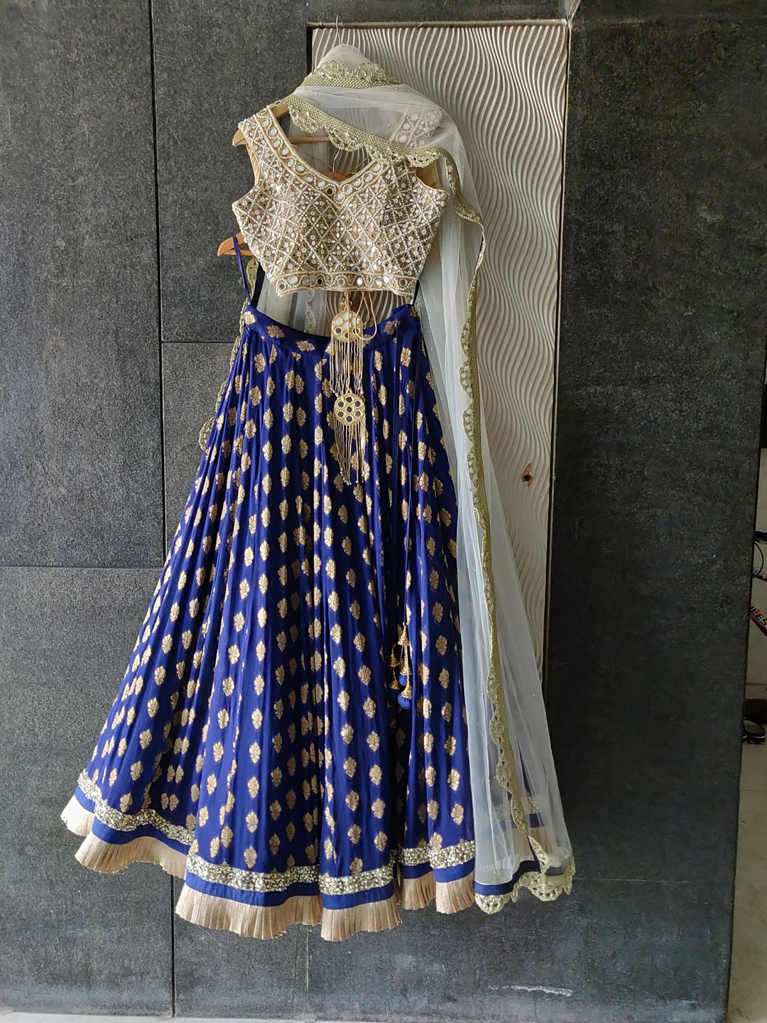 Royal Blue Ruffle Shimmer Lehenga Set with Mirror work Blouse and Off White Dupatta Priti Sahni - Fabilicious Fashion