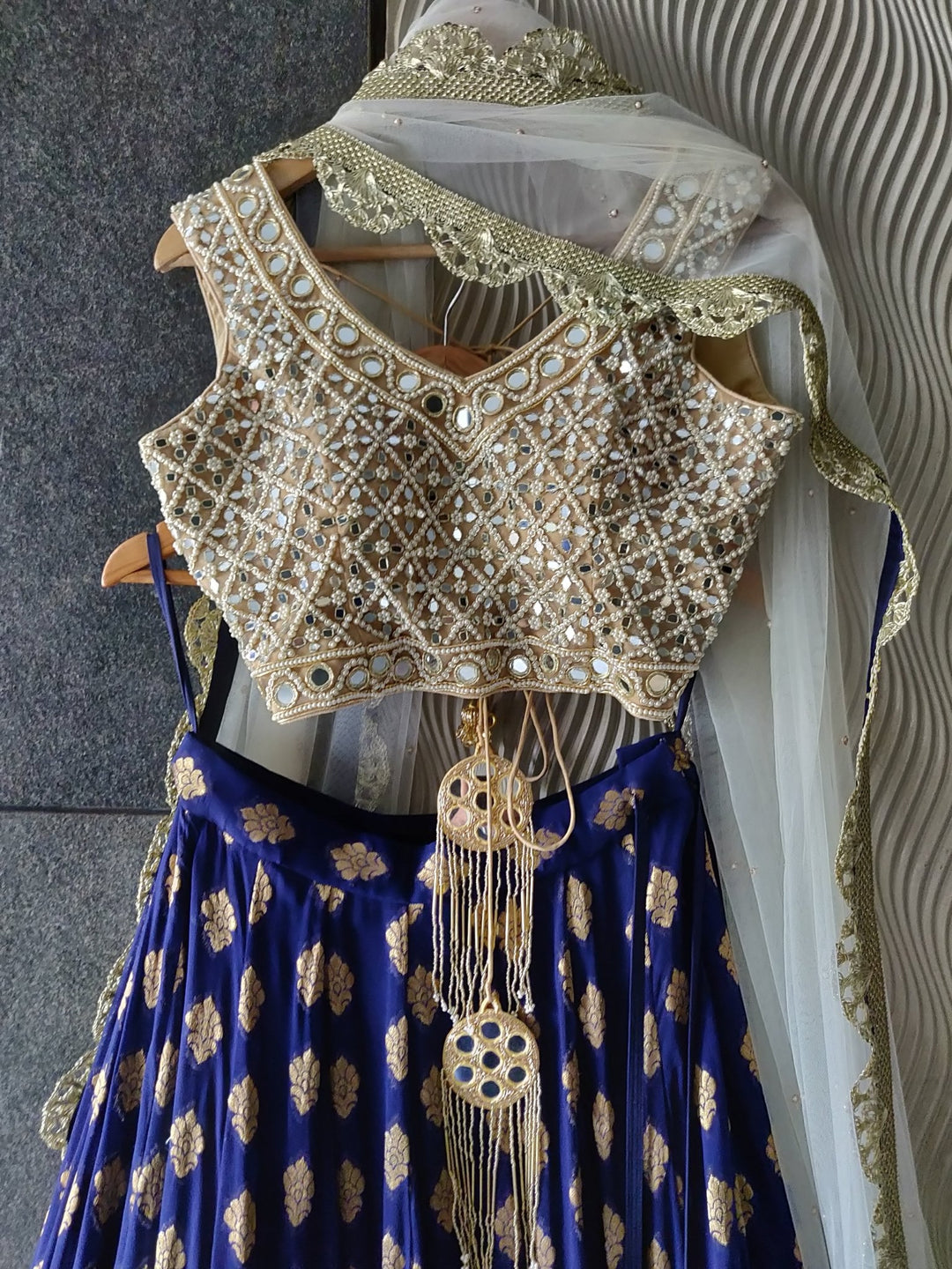 Royal Blue Ruffle Shimmer Lehenga Set with Mirror work Blouse and Off White Dupatta Priti Sahni - Fabilicious Fashion