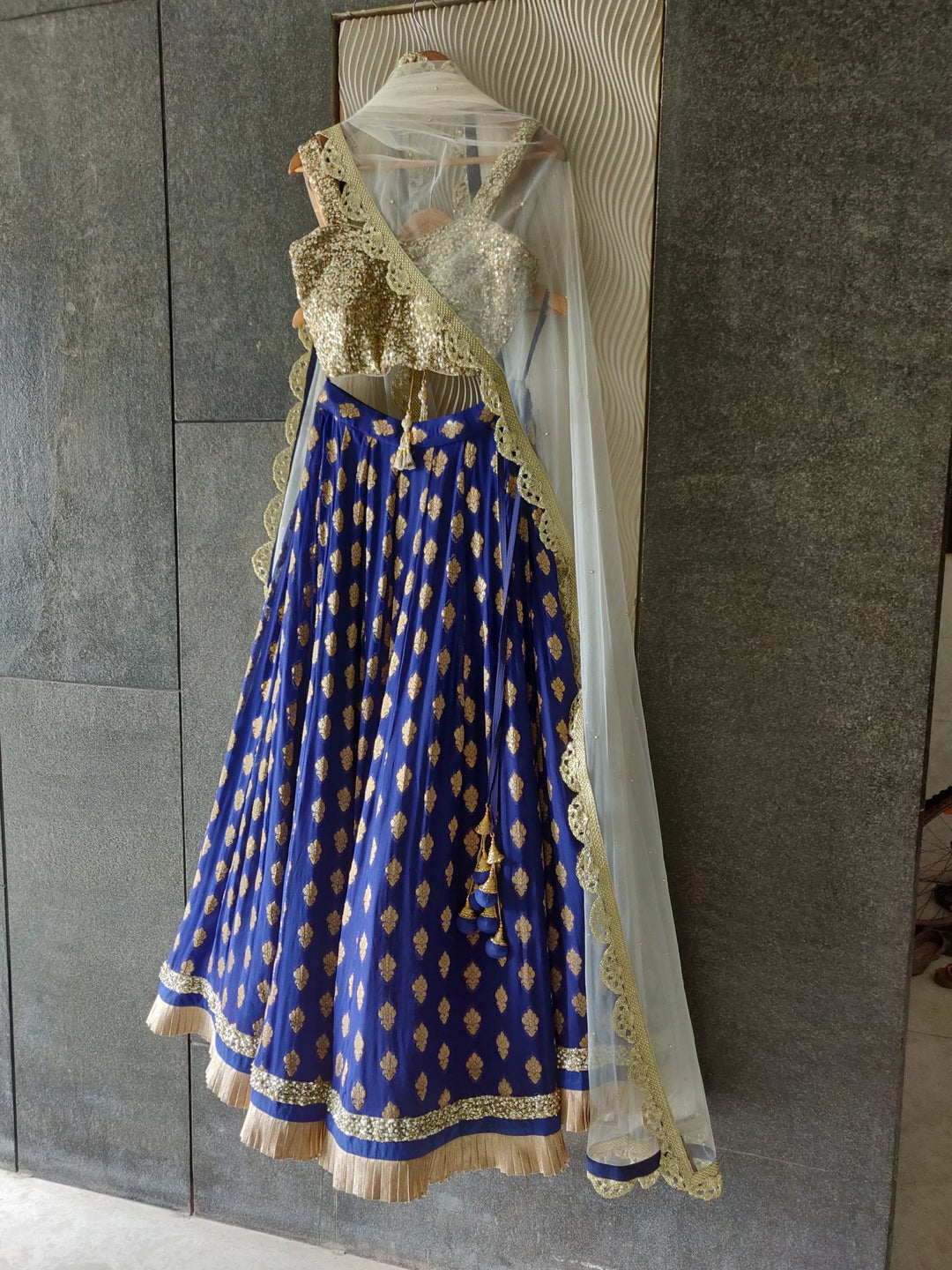 Royal Blue Ruffle Shimmer Lehenga Set with Sequins Blouse and Off White Dupatta Priti Sahni - Fabilicious Fashion