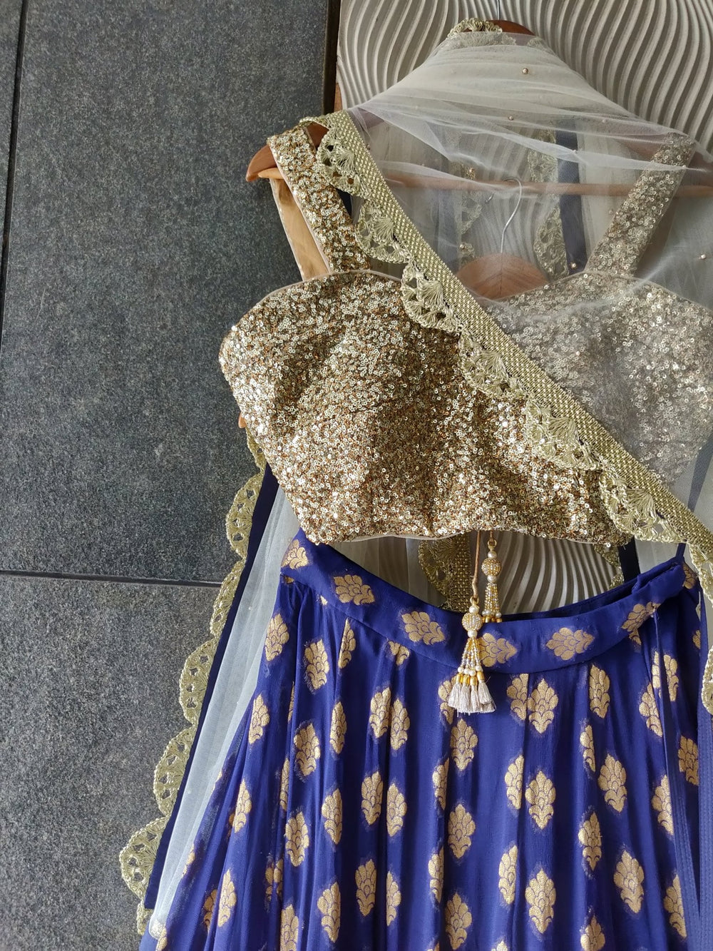 Royal Blue Ruffle Shimmer Lehenga Set with Sequins Blouse and Off White Dupatta Priti Sahni - Fabilicious Fashion
