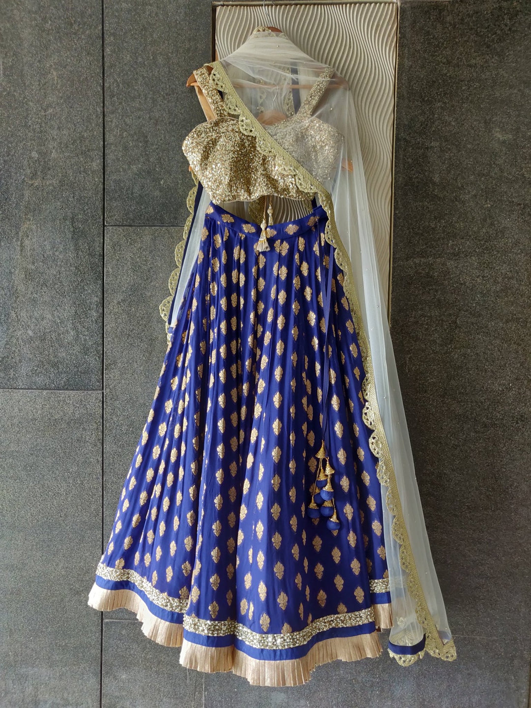 Royal Blue Ruffle Shimmer Lehenga Set with Sequins Blouse and Off White Dupatta Priti Sahni - Fabilicious Fashion