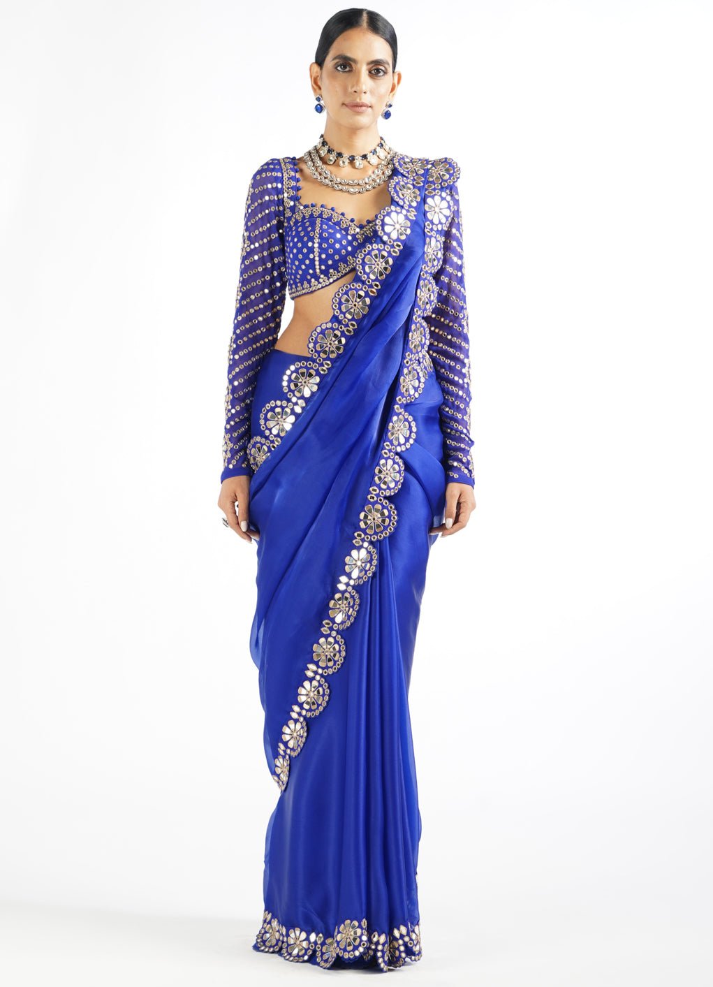 Royal Blue Satin Organza Mirrorwork Saree With Full Sleeved Blouse Vvani by Vani Vats - Fabilicious Fashion