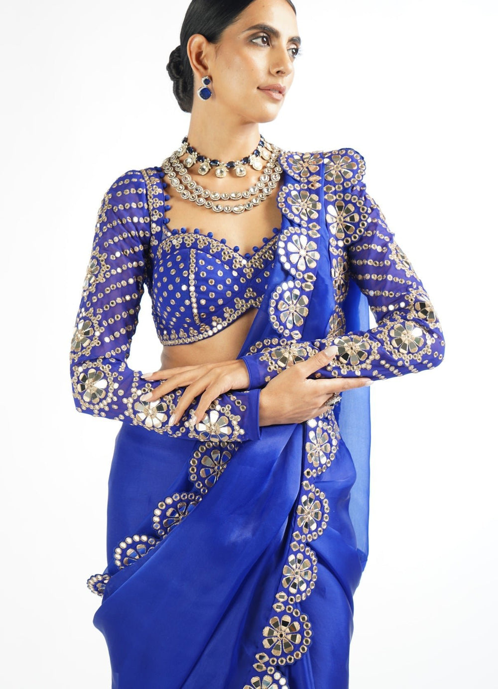 Royal Blue Satin Organza Mirrorwork Saree With Full Sleeved Blouse Vvani by Vani Vats - Fabilicious Fashion