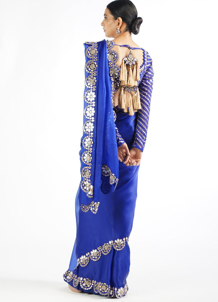 Royal Blue Satin Organza Mirrorwork Saree With Full Sleeved Blouse Vvani by Vani Vats - Fabilicious Fashion