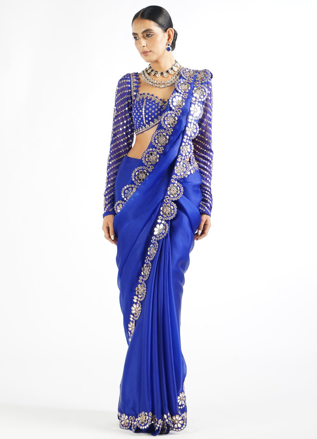 Royal Blue Satin Organza Mirrorwork Saree With Full Sleeved Blouse Vvani by Vani Vats - Fabilicious Fashion