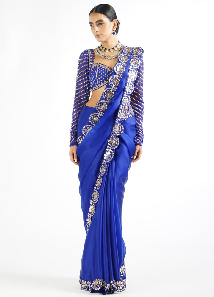 Royal Blue Satin Organza Mirrorwork Saree With Full Sleeved Blouse Vvani by Vani Vats - Fabilicious Fashion