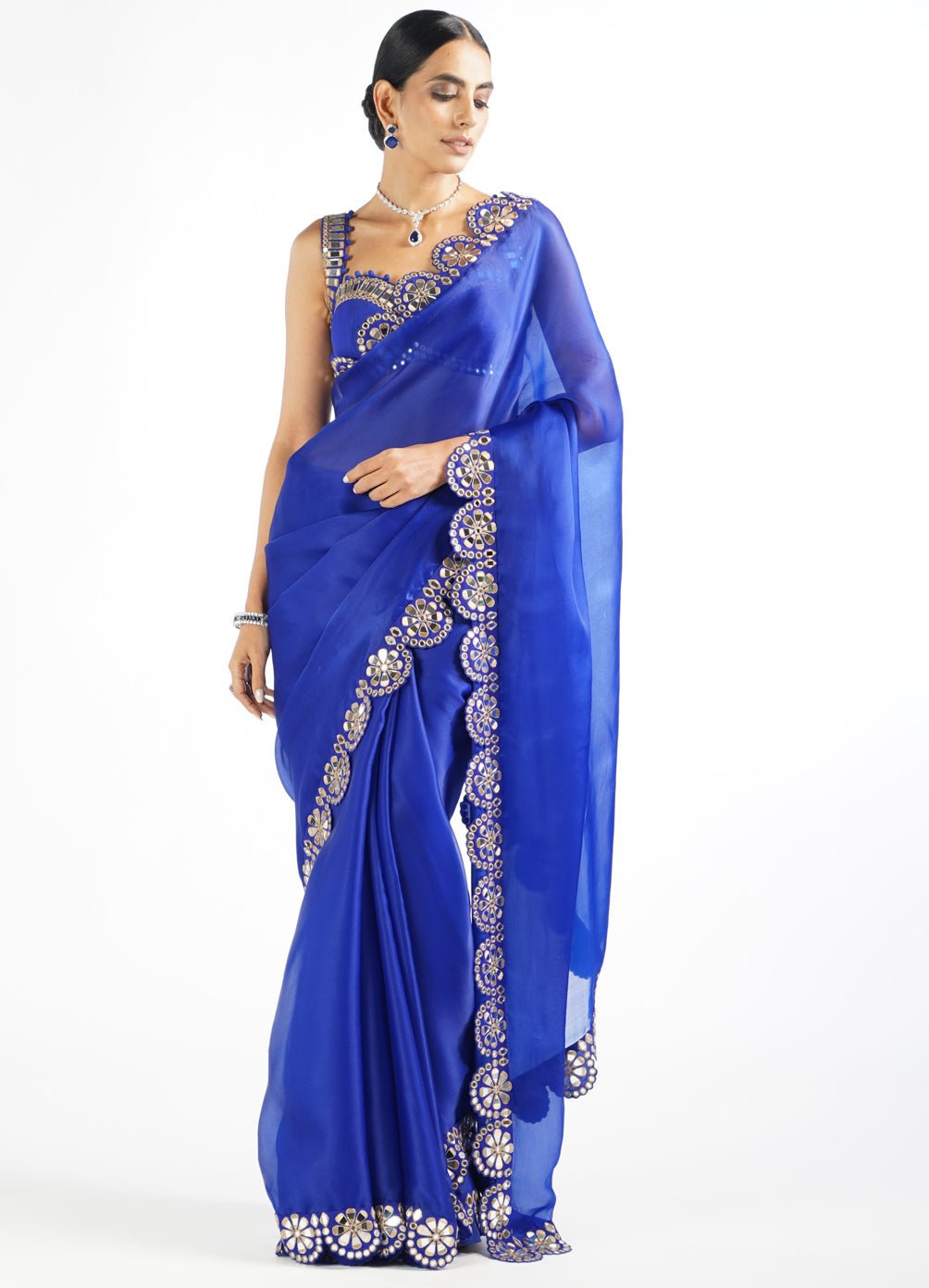 Royal Blue Satin Organza Mirrorwork Saree With Sleeveless Blouse Vvani by Vani Vats - Fabilicious Fashion