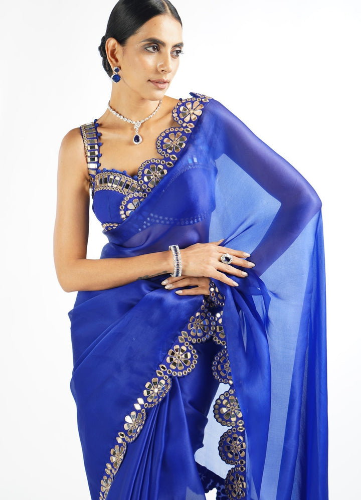Royal Blue Satin Organza Mirrorwork Saree With Sleeveless Blouse Vvani by Vani Vats - Fabilicious Fashion