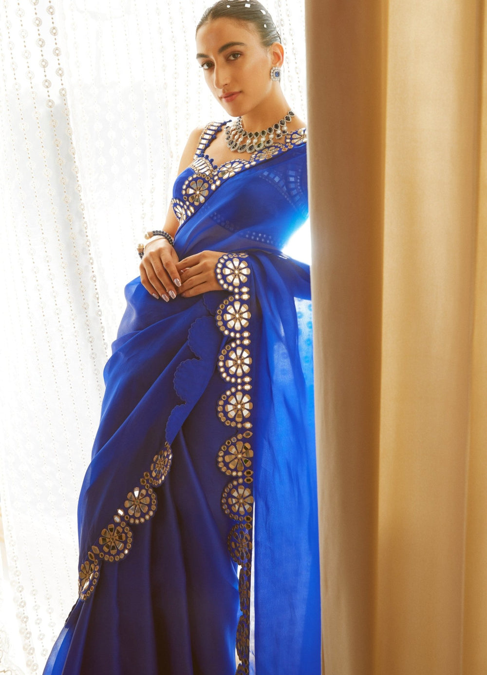 Royal Blue Satin Organza Mirrorwork Saree With Sleeveless Blouse Vvani by Vani Vats - Fabilicious Fashion