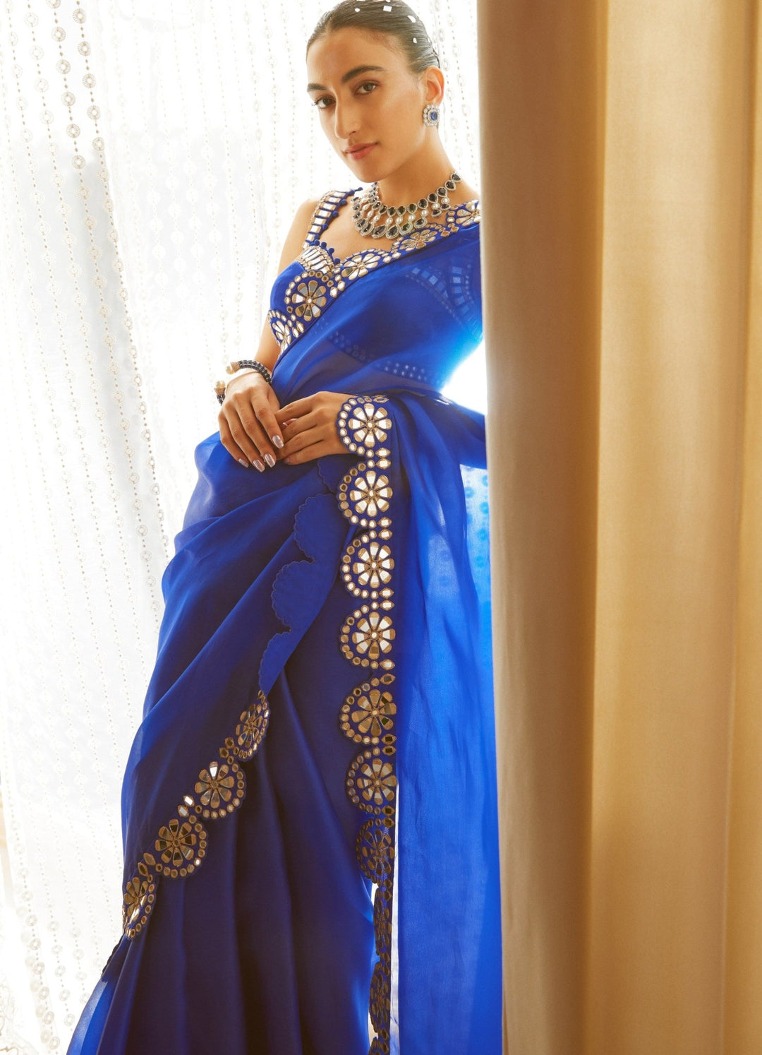 Royal Blue Satin Organza Mirrorwork Saree With Sleeveless Blouse Vvani by Vani Vats - Fabilicious Fashion