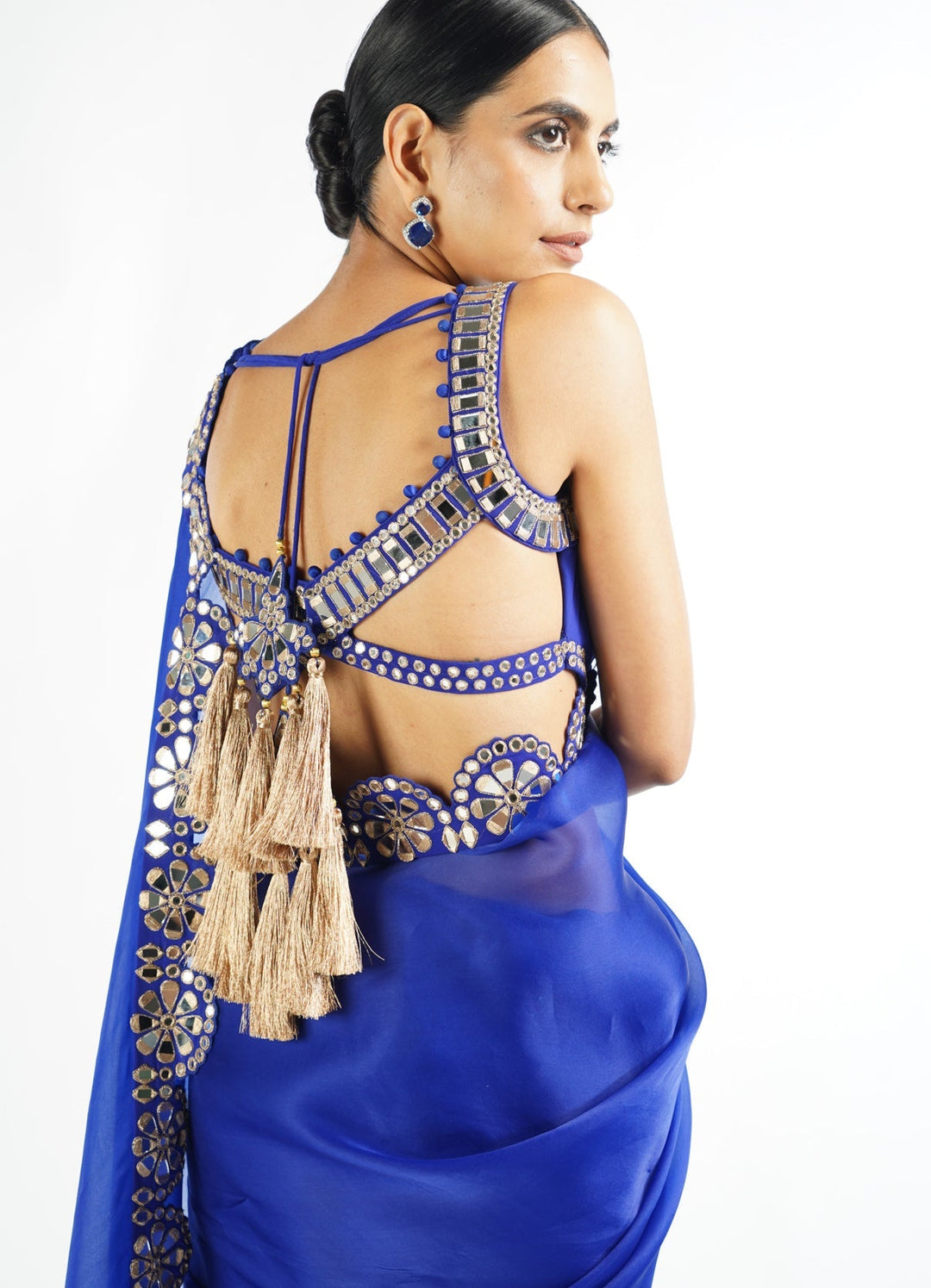 Royal Blue Satin Organza Mirrorwork Saree With Sleeveless Blouse Vvani by Vani Vats - Fabilicious Fashion