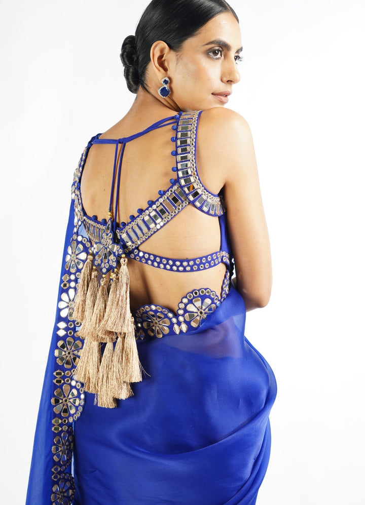 Royal Blue Satin Organza Mirrorwork Saree With Sleeveless Blouse Vvani by Vani Vats - Fabilicious Fashion