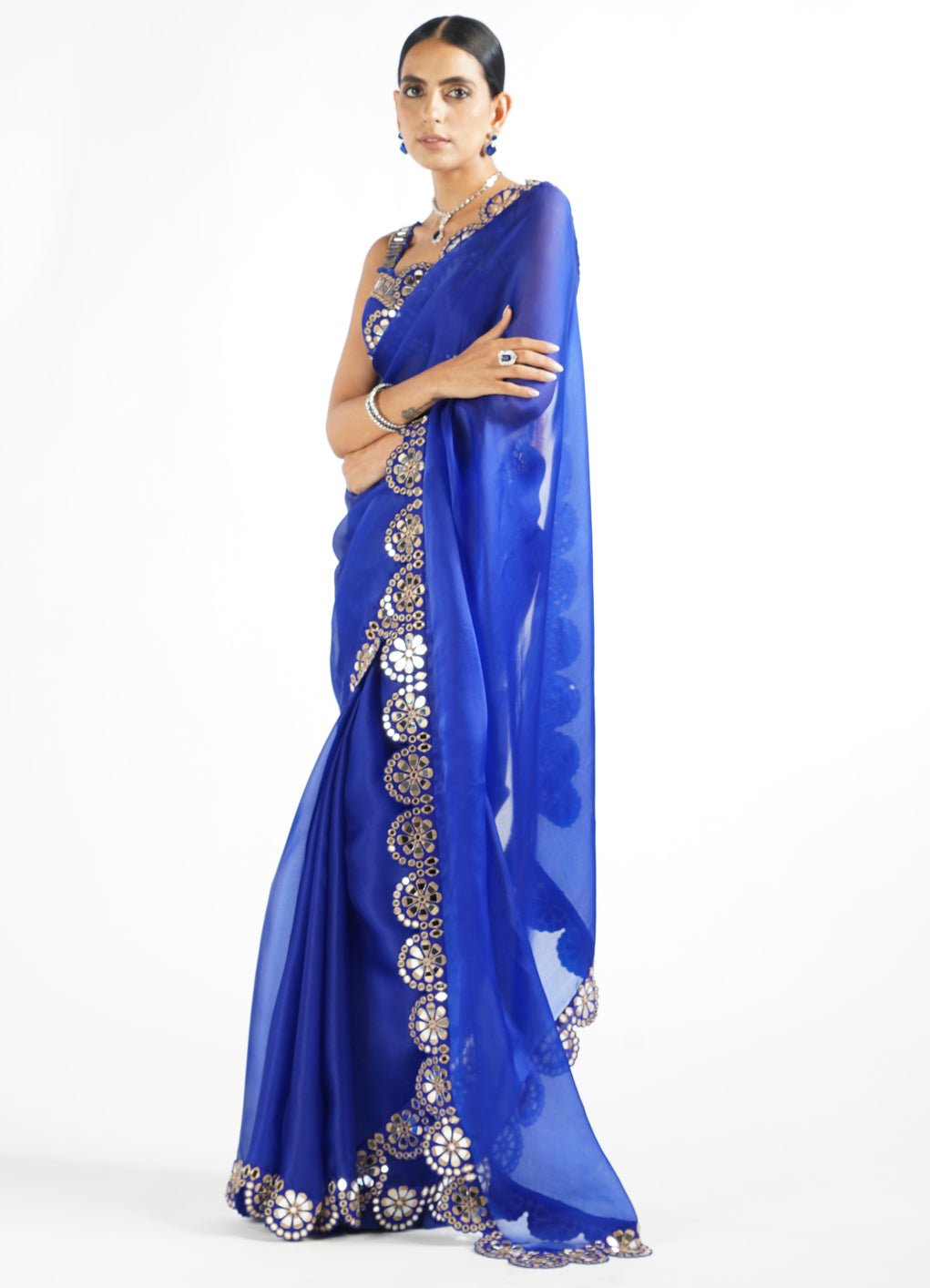 Royal Blue Satin Organza Mirrorwork Saree With Sleeveless Blouse Vvani by Vani Vats - Fabilicious Fashion