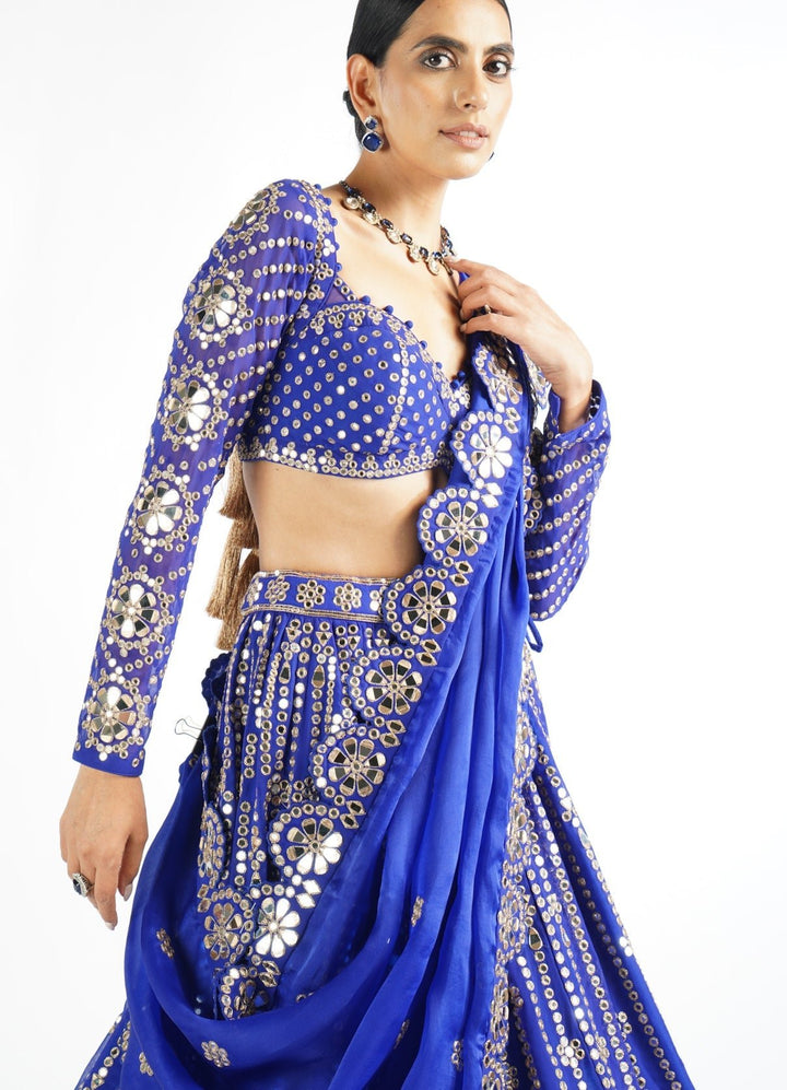 Royal Blue Small Flower Linear Lehenga Set Vvani by Vani Vats - Fabilicious Fashion