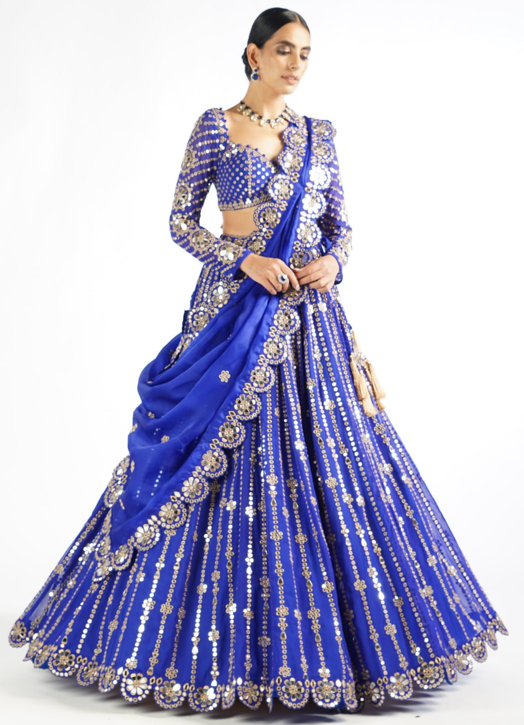 Royal Blue Small Flower Linear Lehenga Set Vvani by Vani Vats - Fabilicious Fashion