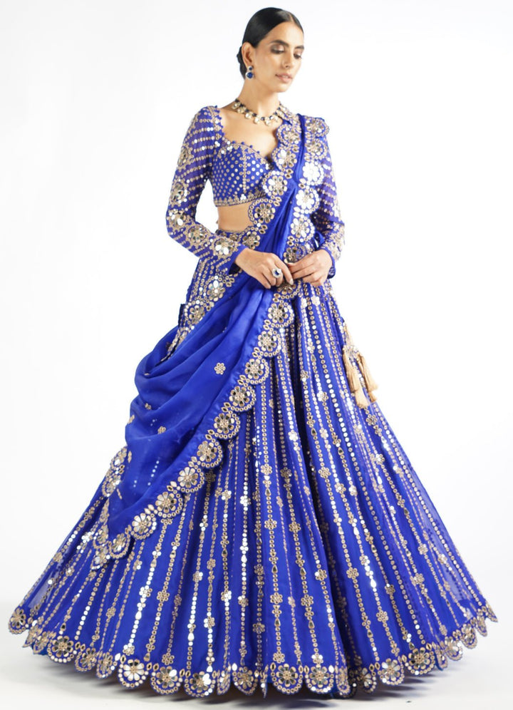 Royal Blue Small Flower Linear Lehenga Set Vvani by Vani Vats - Fabilicious Fashion