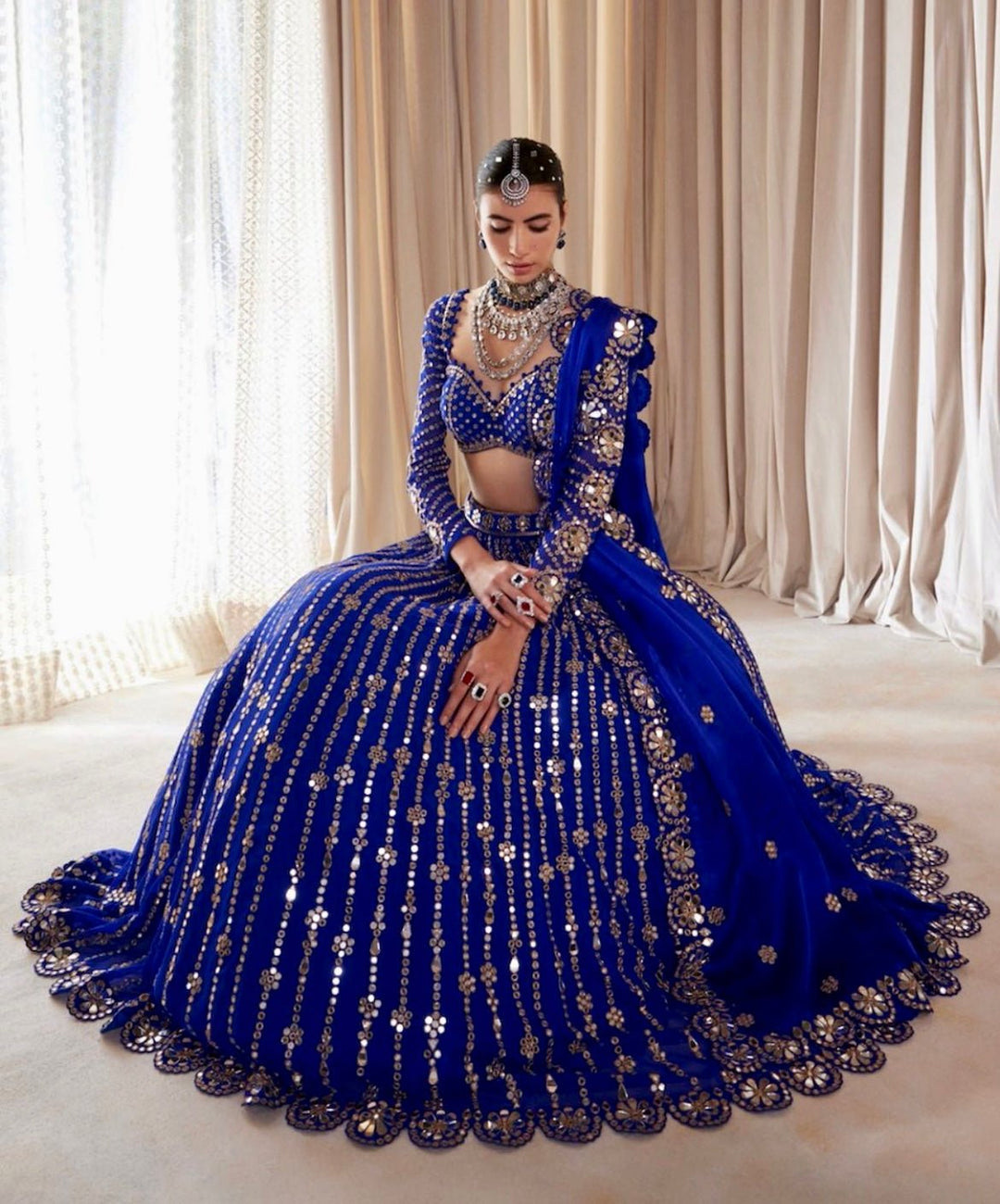 Royal Blue Small Flower Linear Lehenga Set Vvani by Vani Vats - Fabilicious Fashion