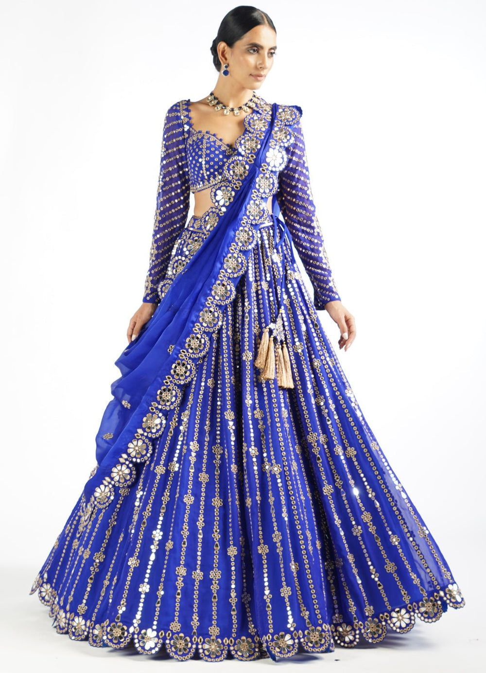 Royal Blue Small Flower Linear Lehenga Set Vvani by Vani Vats - Fabilicious Fashion