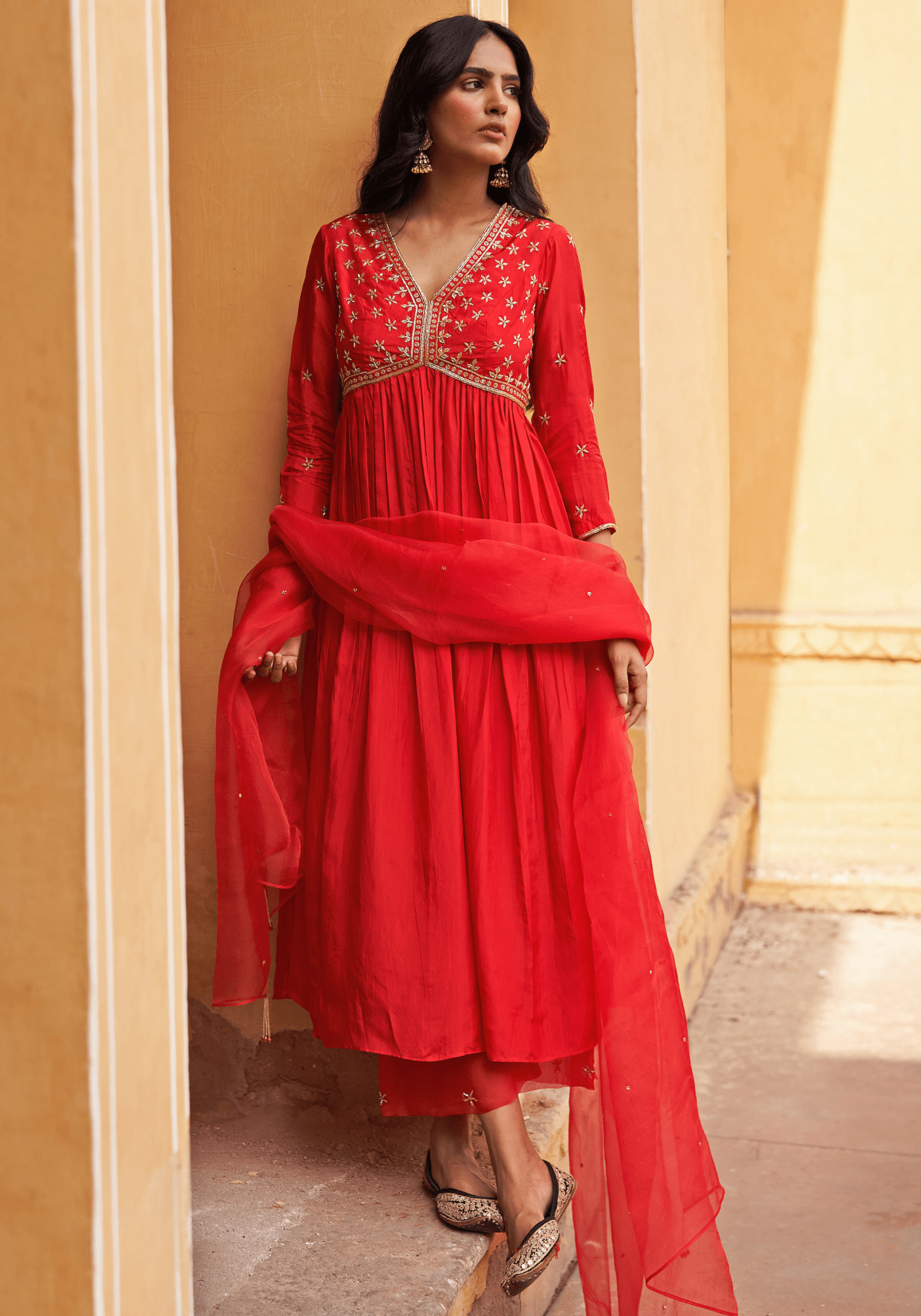 Red silk embroidered long kurta pants set for Indian wedding