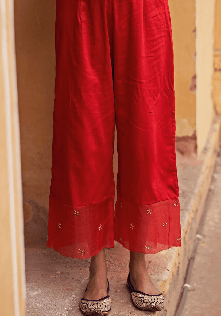 Royal Red Silk Kurta Pants Set Zoon Tribe - Fabilicious Fashion