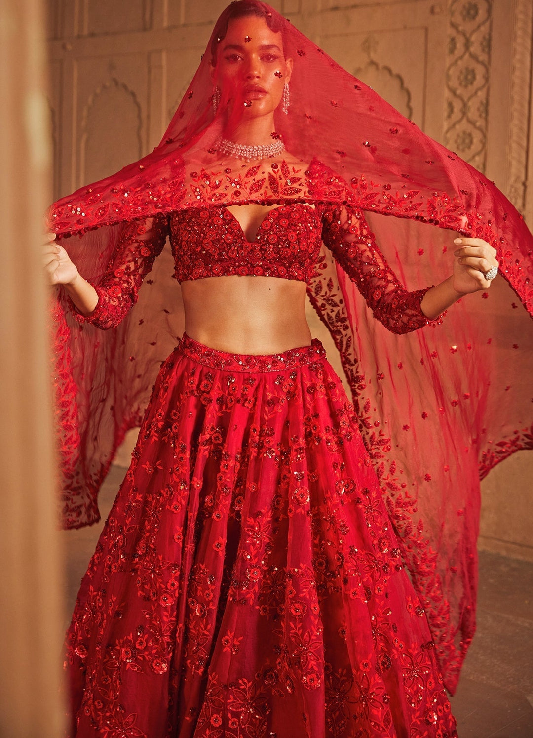 Ruby Red Organza Bridal Floral Sequinned Lehenga Set Prevasu - Fabilicious Fashion