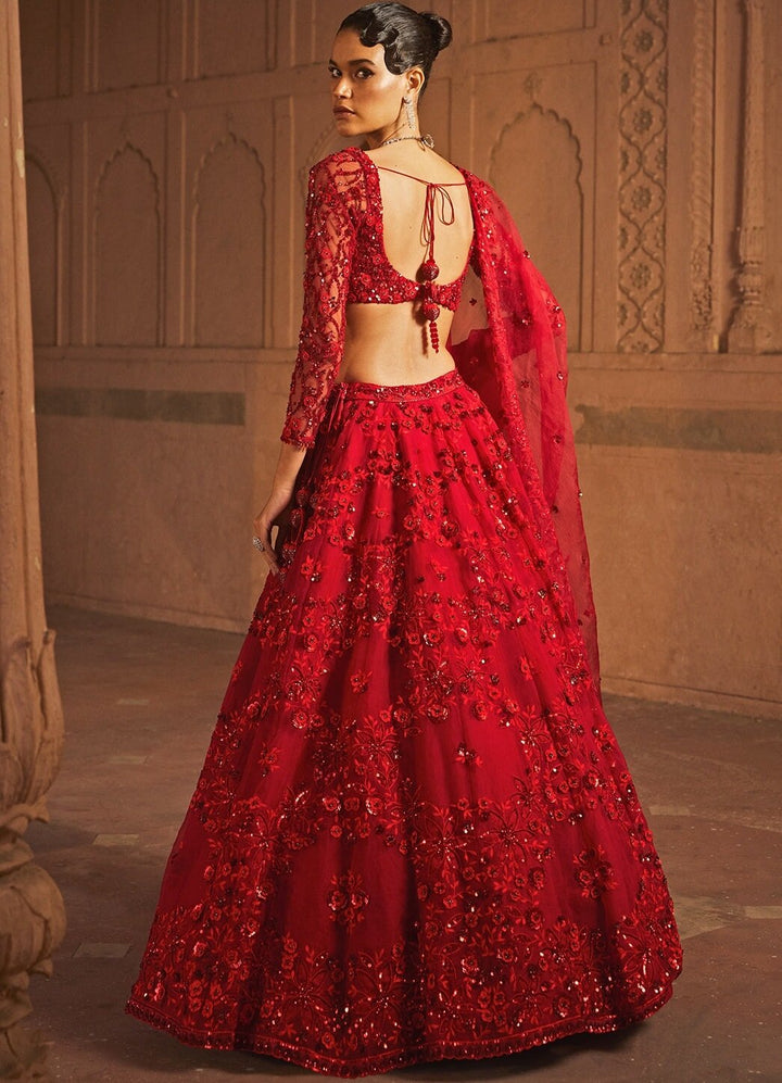 Ruby Red Organza Bridal Floral Sequinned Lehenga Set Prevasu - Fabilicious Fashion