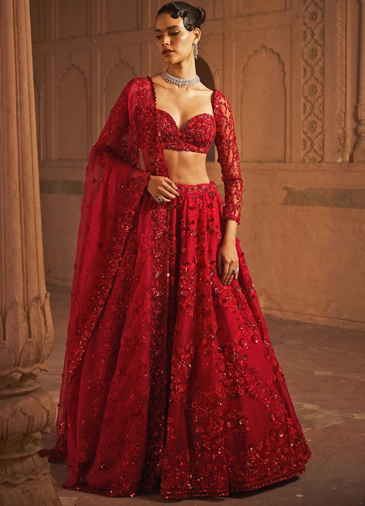 Ruby Red Organza Bridal Floral Sequinned Lehenga Set Prevasu - Fabilicious Fashion