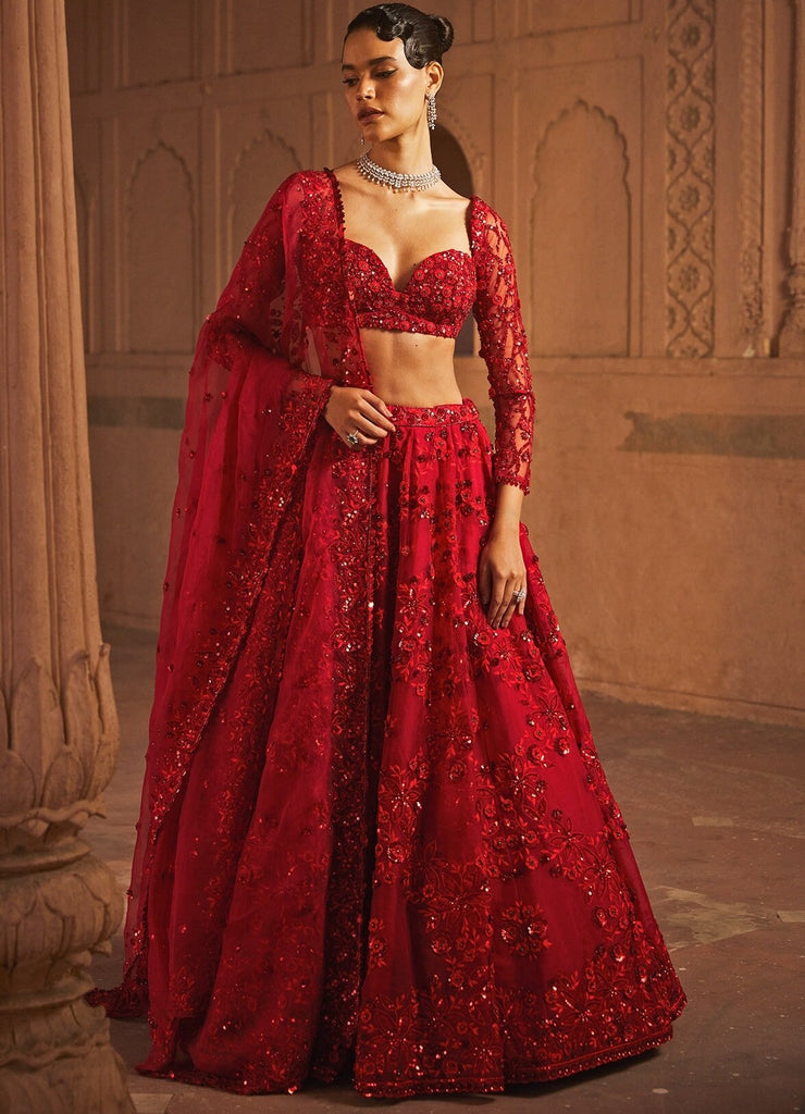 Ruby Red Organza Bridal Floral Sequinned Lehenga Set Prevasu Fabilicious Fashion