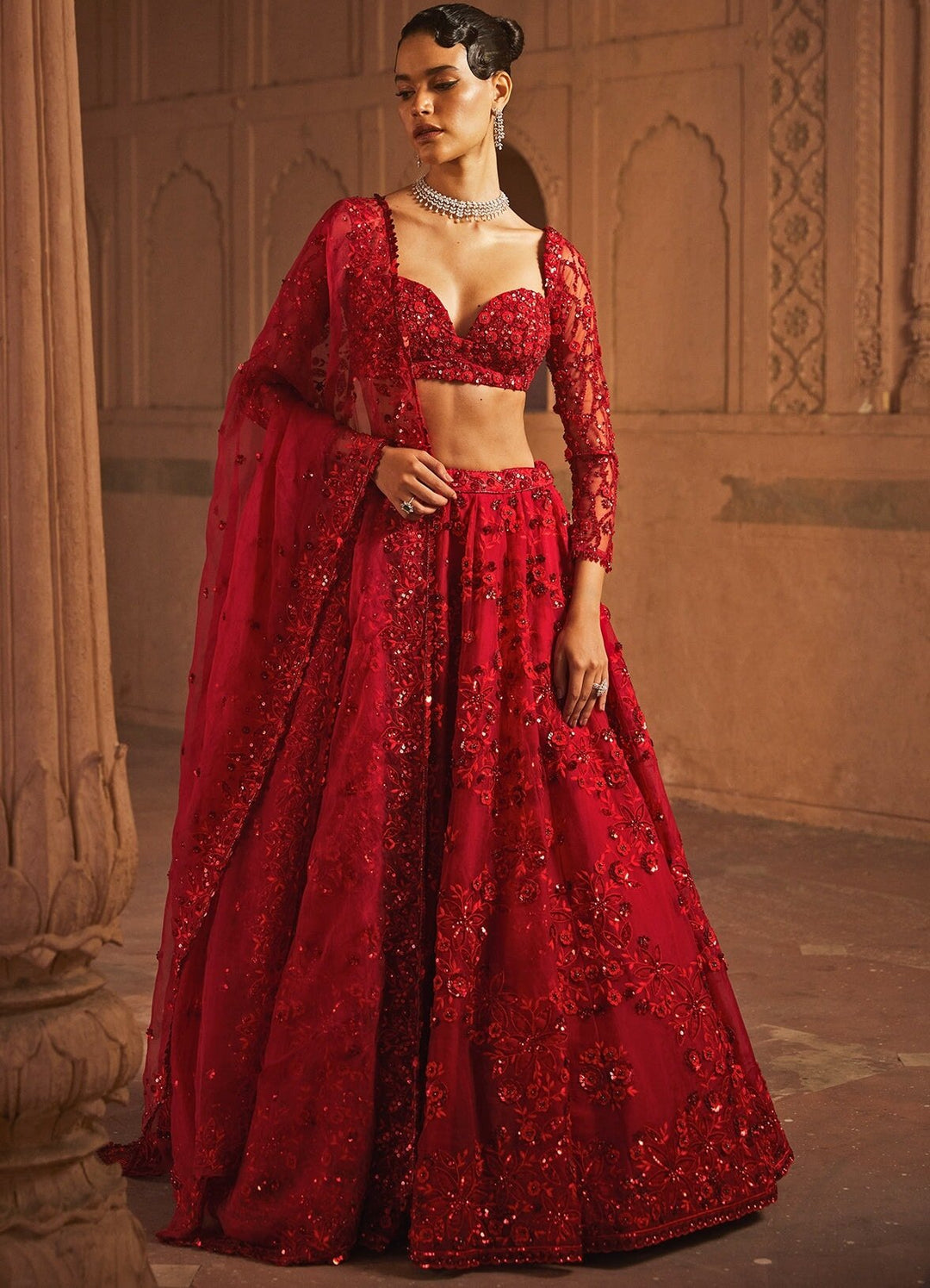 Ruby Red Organza Sequinned Bridal Lehenga Set