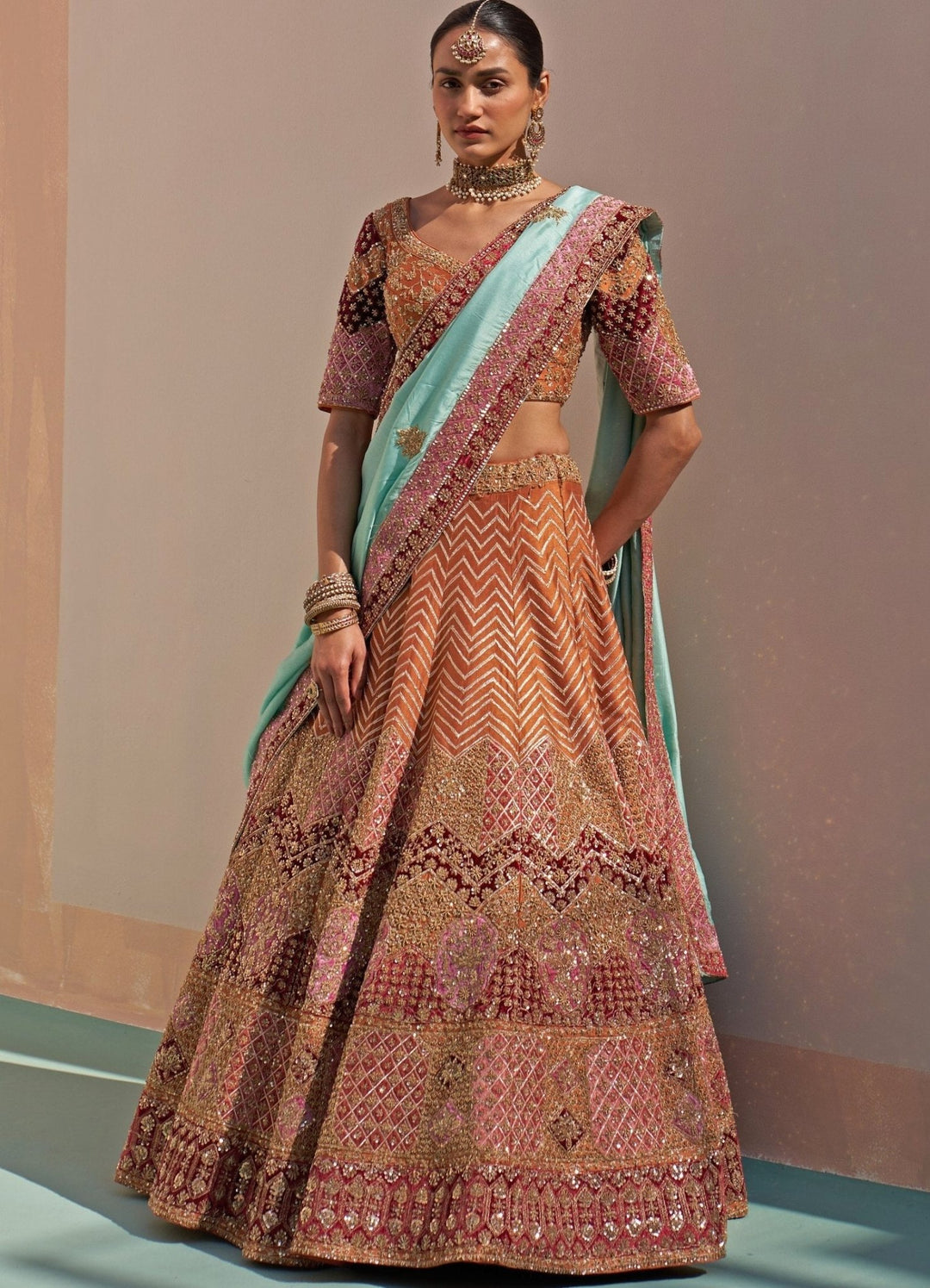 Rust Brown and Gold Double Dupatta Lehenga Set Angad Singh - Fabilicious Fashion
