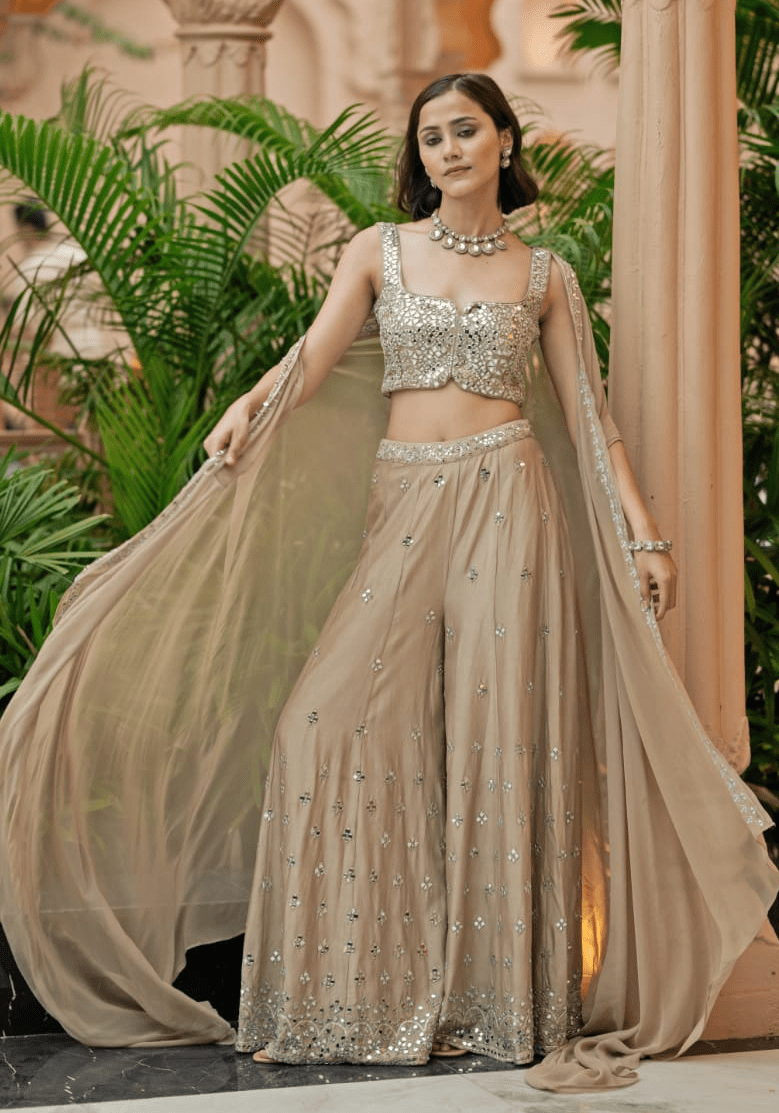Rust Brown Chanderi Cape Set Esha Koul - Fabilicious Fashion
