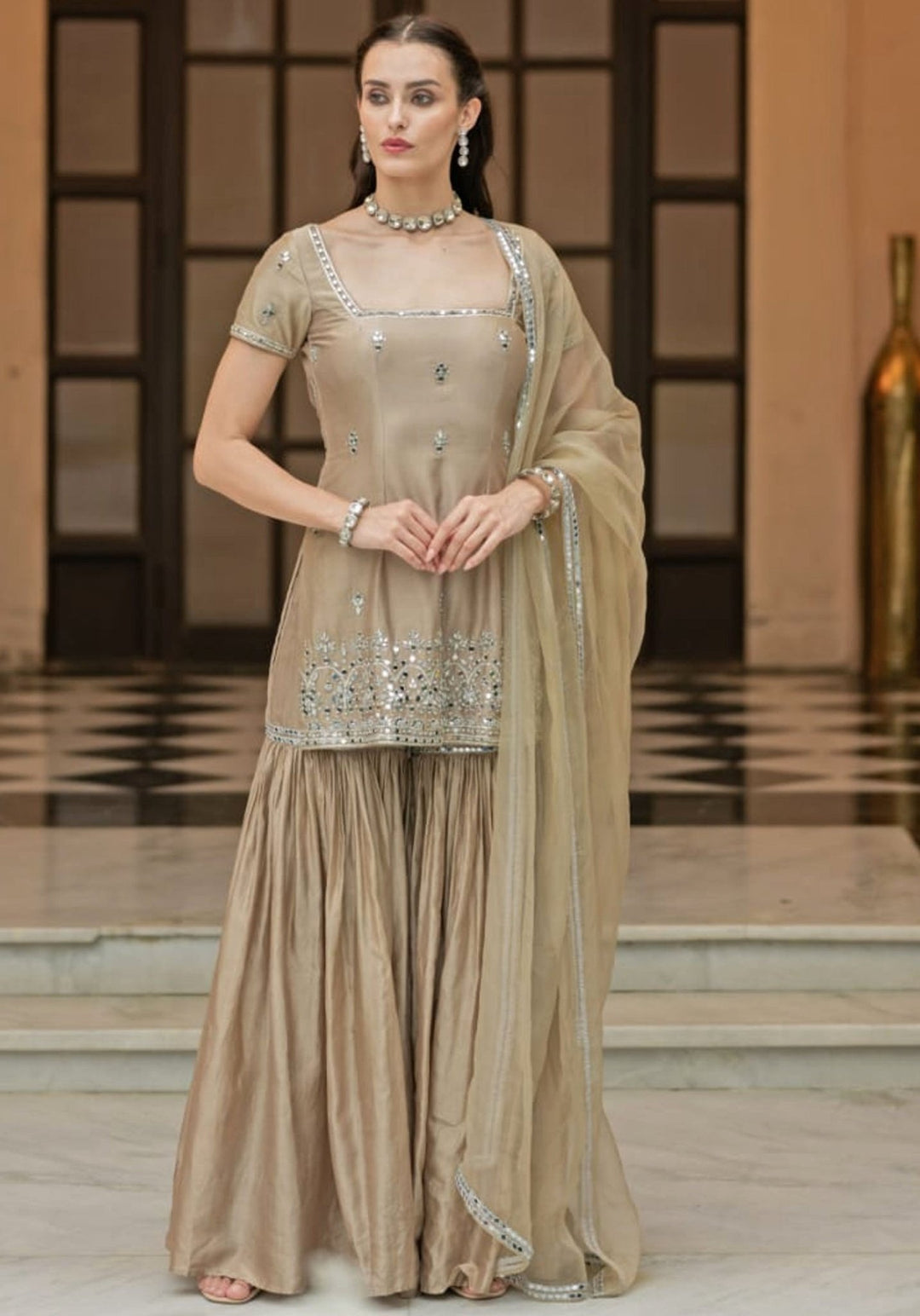 Rust Brown Chanderi Silk Kurta Sharara Set Esha Koul - Fabilicious Fashion
