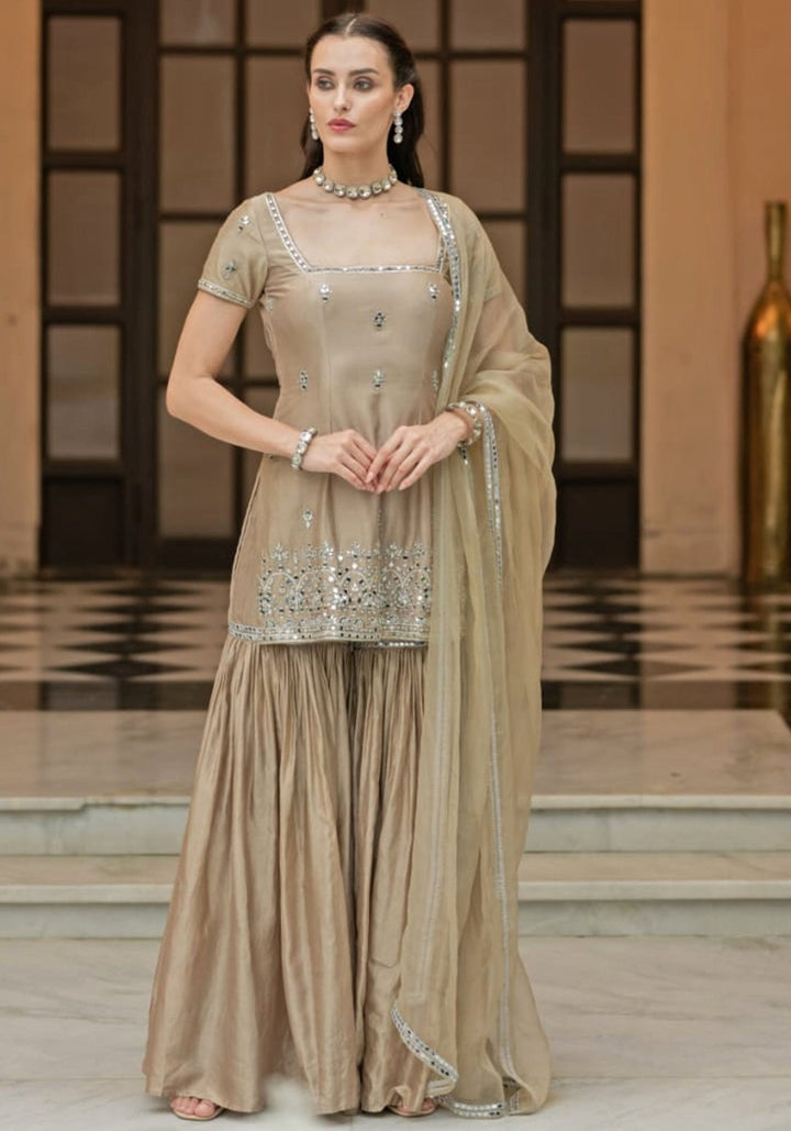 Rust Brown Chanderi Silk Kurta Sharara Set Esha Koul - Fabilicious Fashion