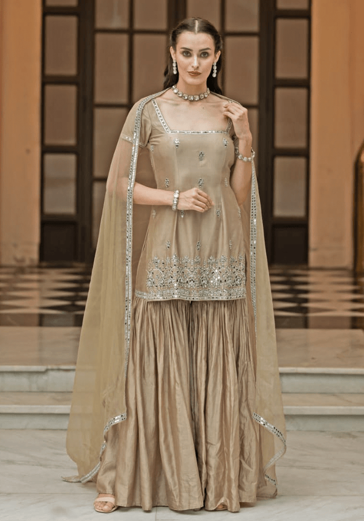 Rust Brown Chanderi Silk Kurta Sharara Set Esha Koul - Fabilicious Fashion