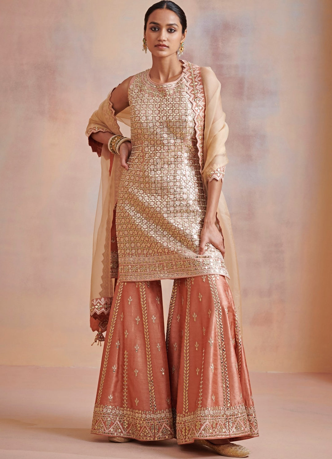 Rust Gold Gota and Mirror Tissue Kurta Set Suhino - Fabilicious Fashion