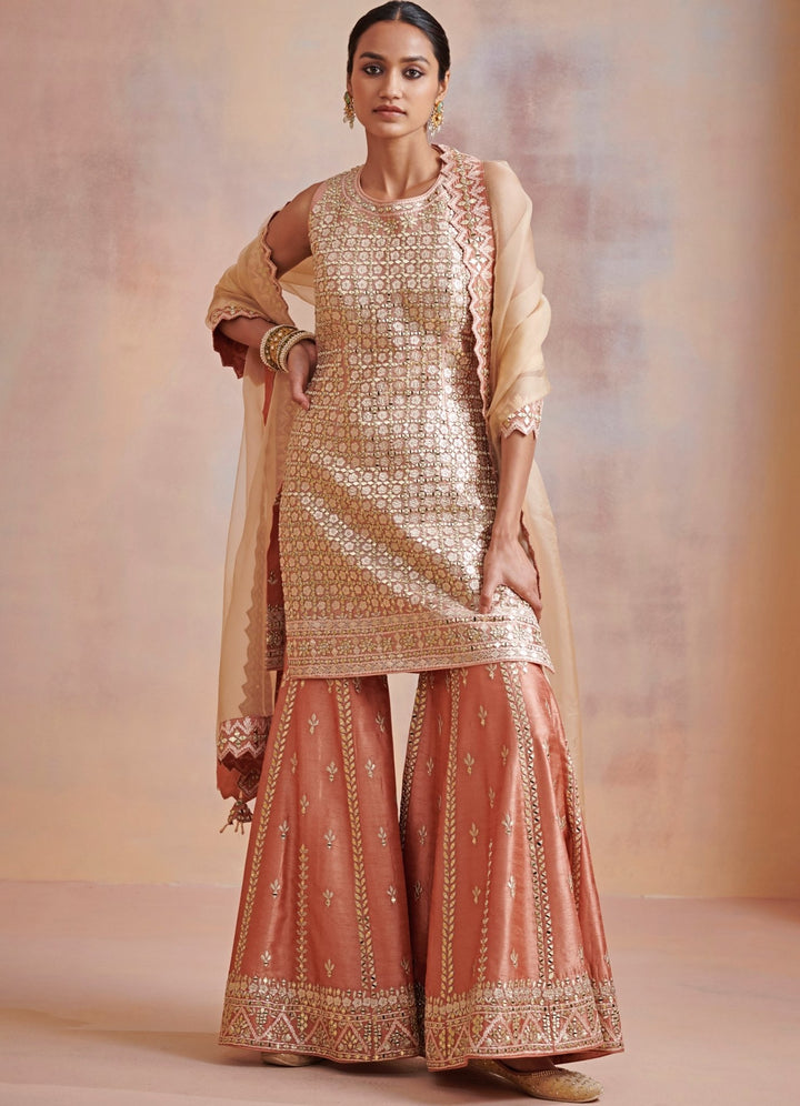 Rust Gold Gota and Mirror Tissue Kurta Set Suhino - Fabilicious Fashion