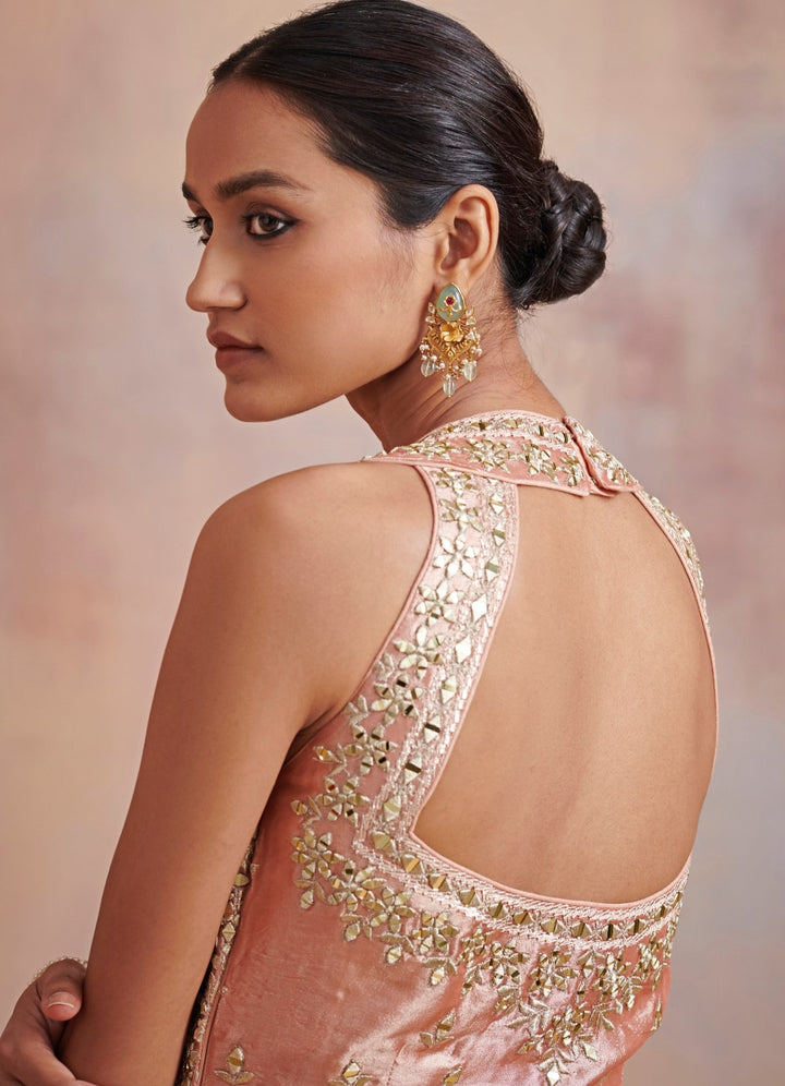Rust Gold Gota and Mirror Tissue Kurta Set Suhino - Fabilicious Fashion