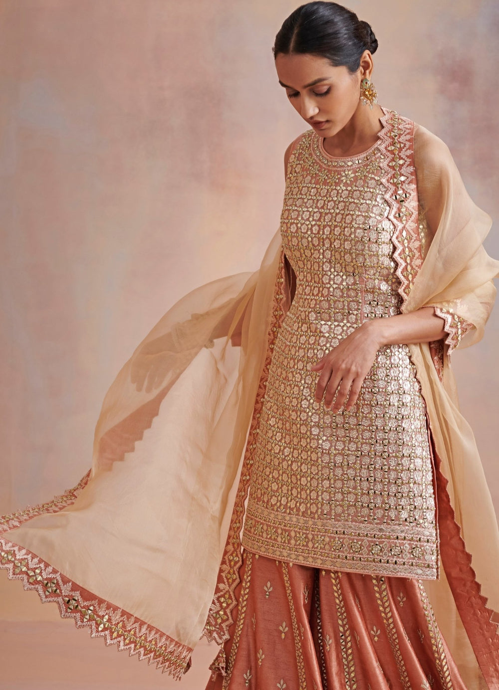 Rust Gold Gota and Mirror Tissue Kurta Set Suhino - Fabilicious Fashion