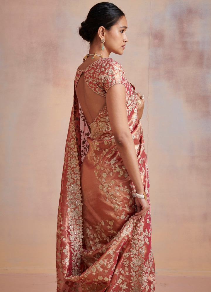 Rust Gold tissue saree With Embroidered blouse Suhino - Fabilicious Fashion