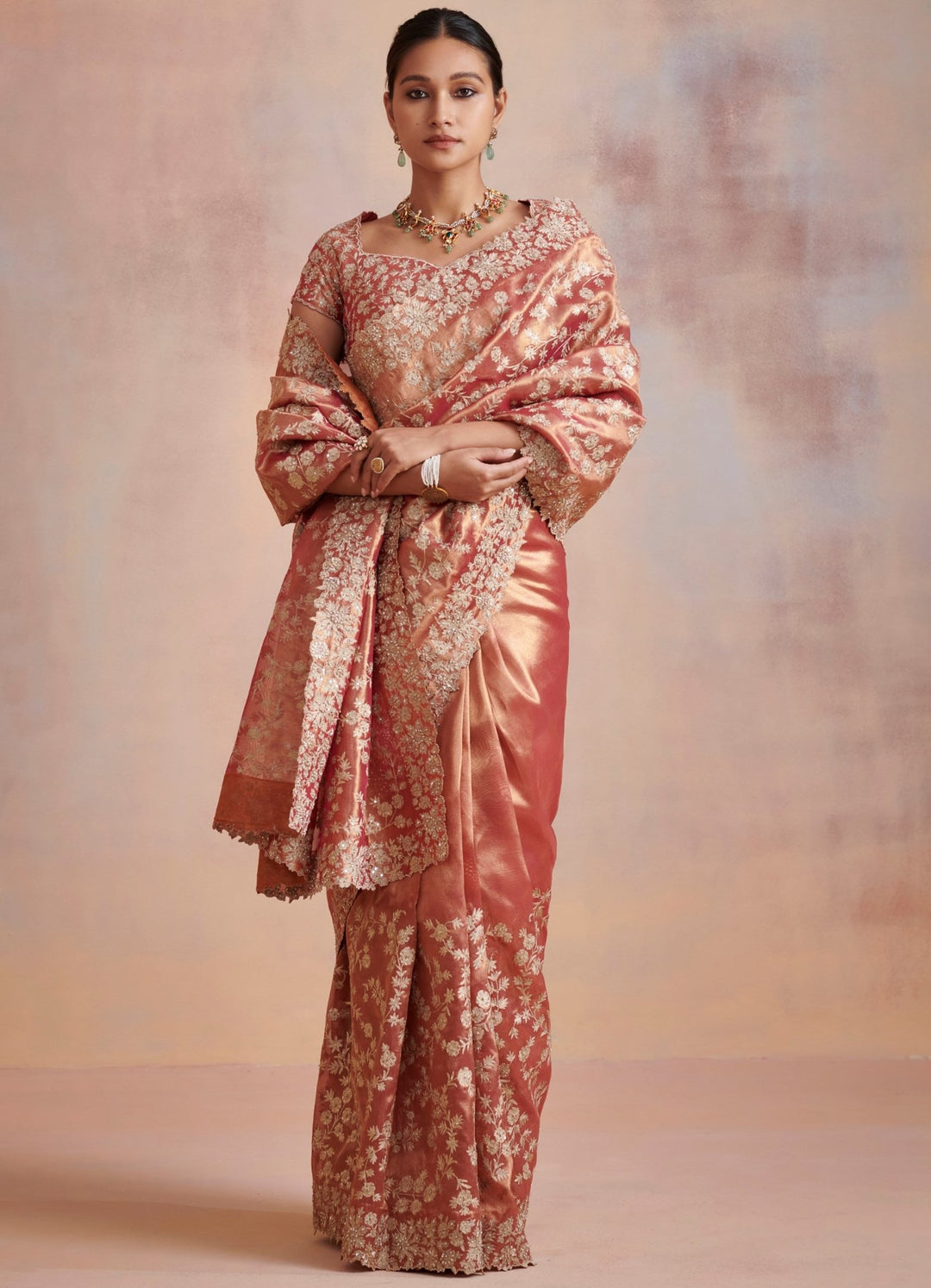 Rust Gold tissue saree With Embroidered blouse Suhino - Fabilicious Fashion