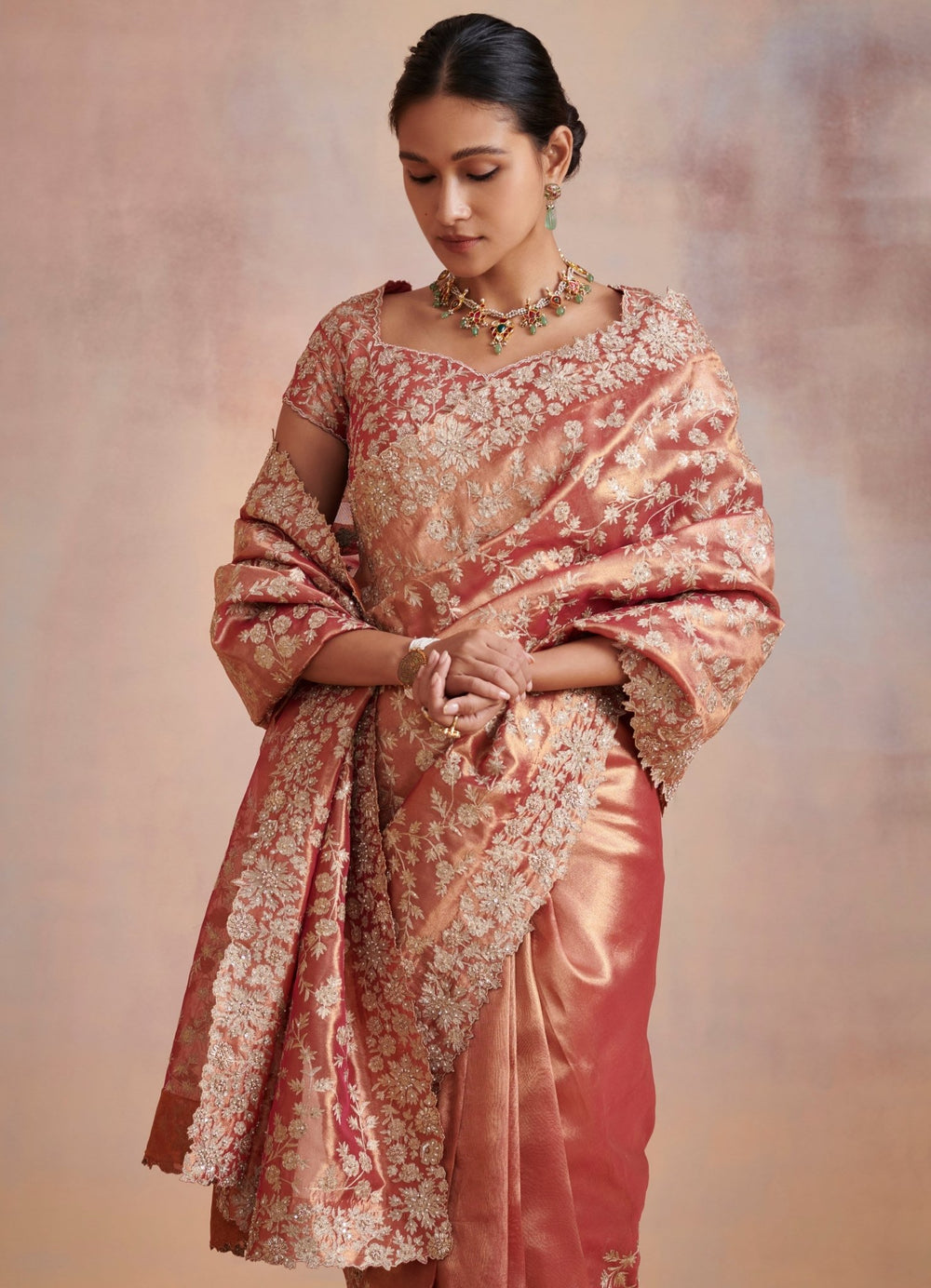 Rust Gold tissue saree With Embroidered blouse Suhino - Fabilicious Fashion
